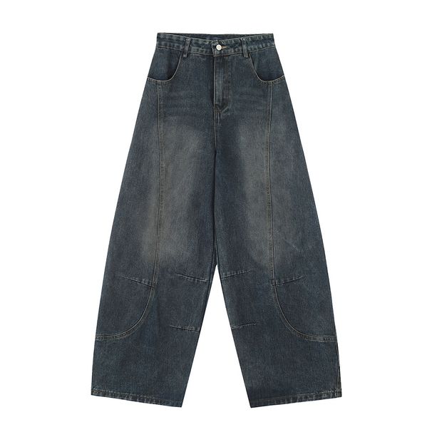 Men's Straight-Leg Jeans With Stitched Edges, American Street Casual Washed Trendy Brand, Ins Style, Wide-Leg Dad Pants,_viptrois.com