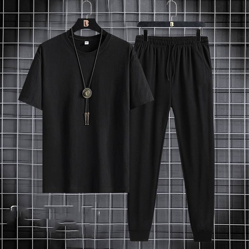 Men's Clothing Short Sleeved Trousers Suit Men's New Style Youth Men's Sports Leisure Round Neck Trendy Printed Two Piece Suit_viptrois.com