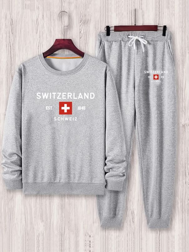 Men's Autumn And Winter Casual Warm SWITZERLAND Pattern Printed Loose Thick Velvet Round Neck Sports Shirt+sports Pants Set_viptrois.com