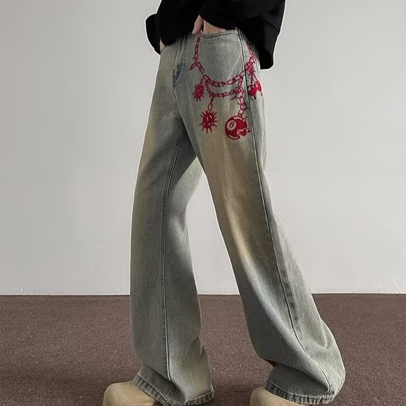 Men's Vintage Washed Yellow Mud Jeans With Red Embroidery & Meteor Hammer Design – Retro High Street Straight-Leg Bootcut Pants (S-3XL)_viptrois.com