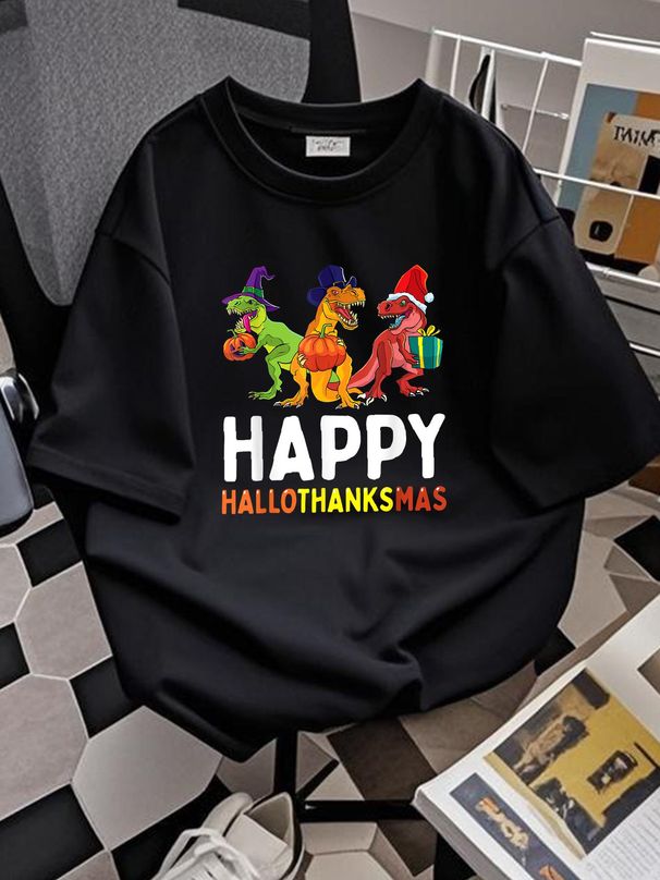Dinosaur Halloween Thanksgiving Christmas HalloThanksMas T-Shirt Women Top Graphic Tees Streetwear Female Versatile Slightly Stylish Summer Unisex T-Shirt For Women Casual Breathable Soft Stretched Top For Everyday Wear Designer Clothes Casual_viptrois.com