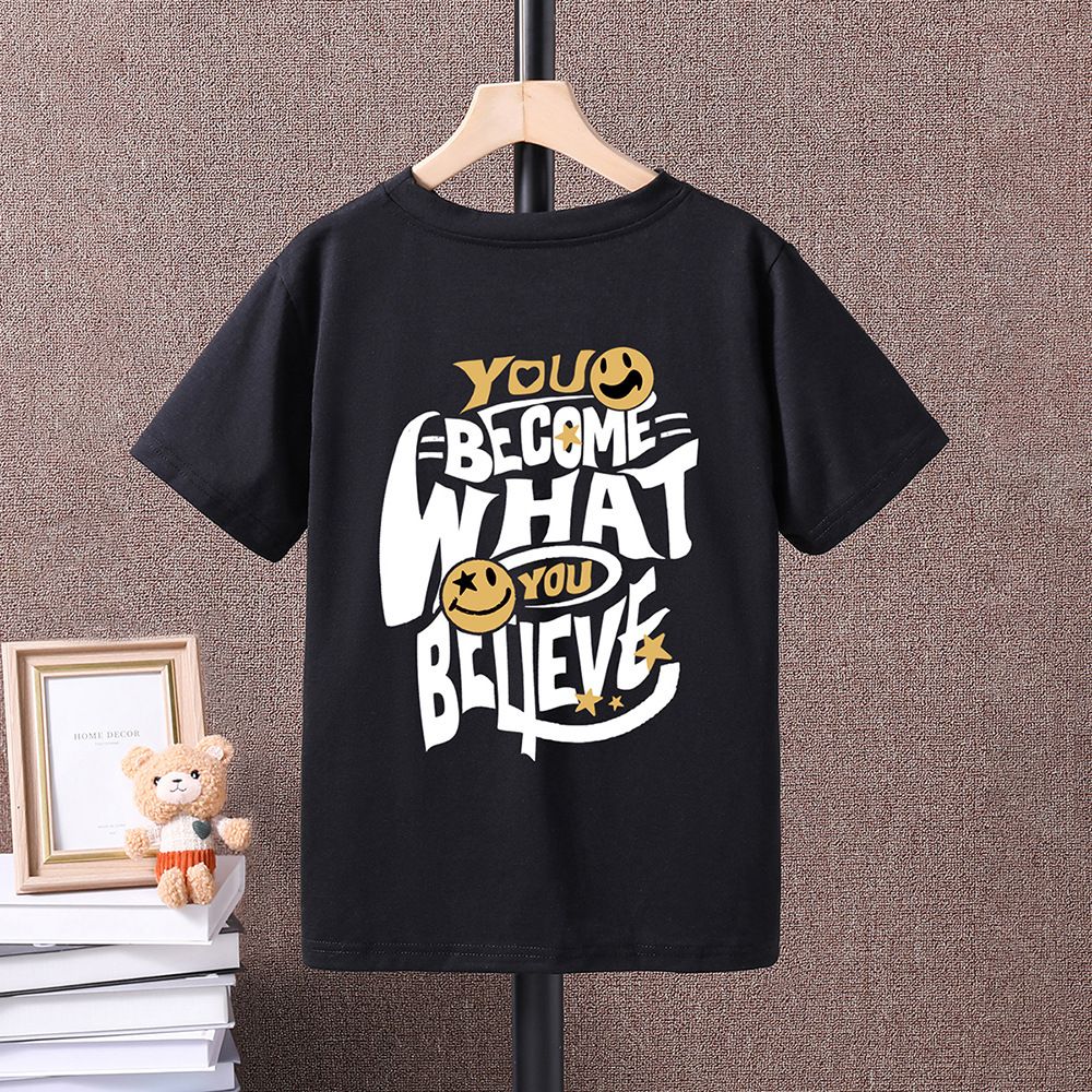 Mother&Kids Youth T-shirt Smiley face back letter-printed short-sleeved T-shirt boys casual children's wear_viptrois.com