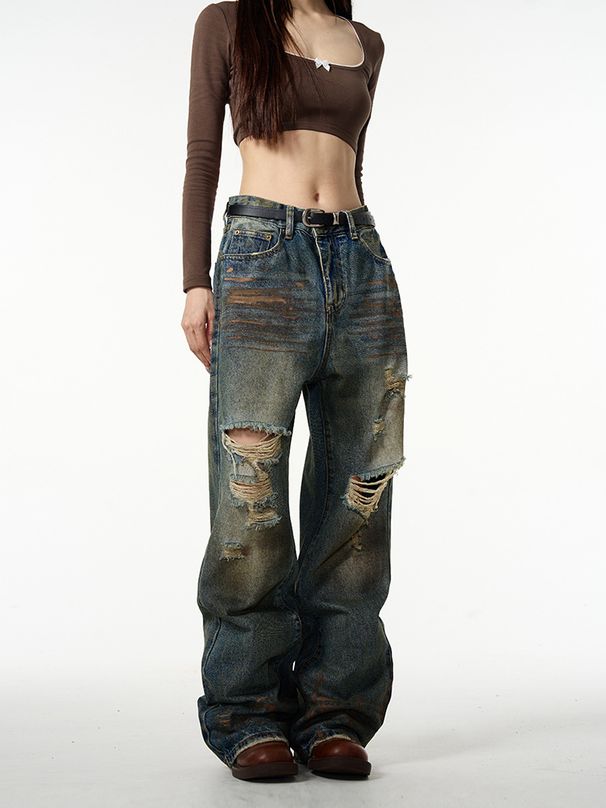 Weilang's Store American High Ripped Jeans Men's Trendy Brand Cool Street Style Straight Loose Pants Couple_viptrois.com