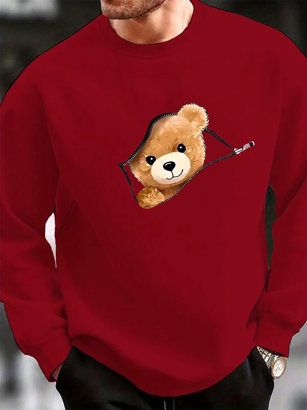 Men's Loose Casual Fashionable Cartoon Cat Zipper Pattern Printed Round Neck Long Sleeved Pullover Hoodie For Autumn And Winter_viptrois.com