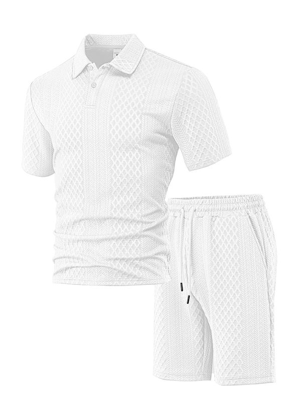Summer Mens Solid Textured Polo Short Sleeve Top Elastic Waist Shorts Casual Tracksuit Set_viptrois.com