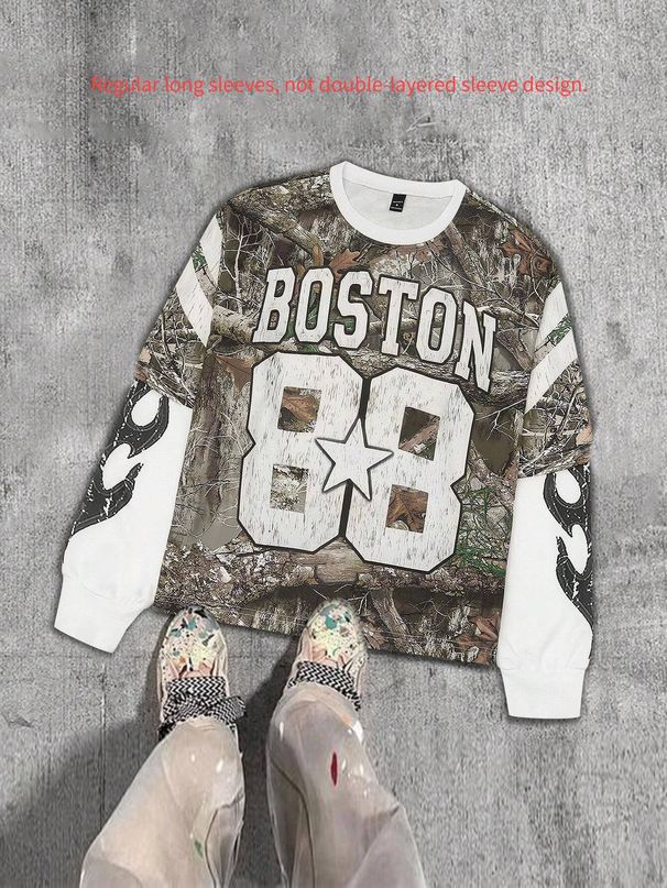 Streetwear Unisex Retro Print Pullover Sweatshirt - Vintage-Inspired Layered Look With 3D Graphic - Loose Fit Casual Top_viptrois.com