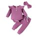 Baby clothing solid color casual pit strip long sleeve small flying sleeve one-piece harshirt trousers three-piece bow headscarf_viptrois.com