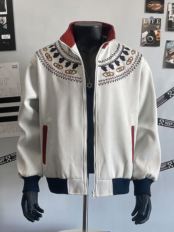 Men's Clothing Color Blocked Design, Ethnic Style Embroidered Stand Up Collar Jacket, Men's Autumn Fair Isle Knit Cardigan Coat Top_viptrois.com