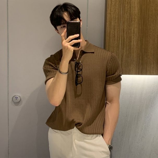 Men's Clothing Lapel Polo Shirt Short Sleeved Men's Trendy Brand Loose Casual Summer Thin Solid Color Sweater T Shirt Bottoming Shirt_viptrois.com