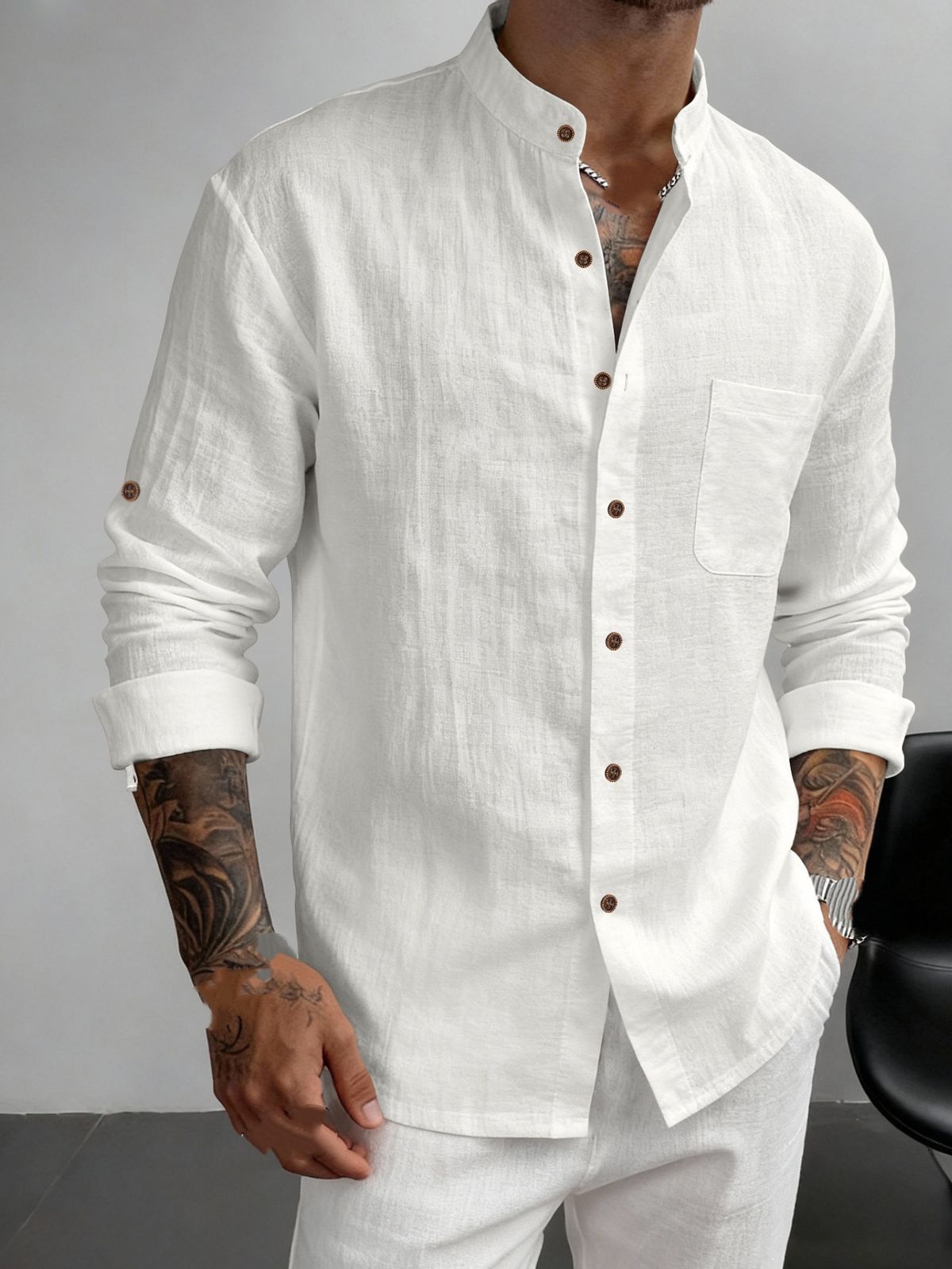 2026 American-style Men's Hawaiian-style Stand-up Collar Breathable Linen Henry Collar Casual Long-sleeved Shirt_viptrois.com