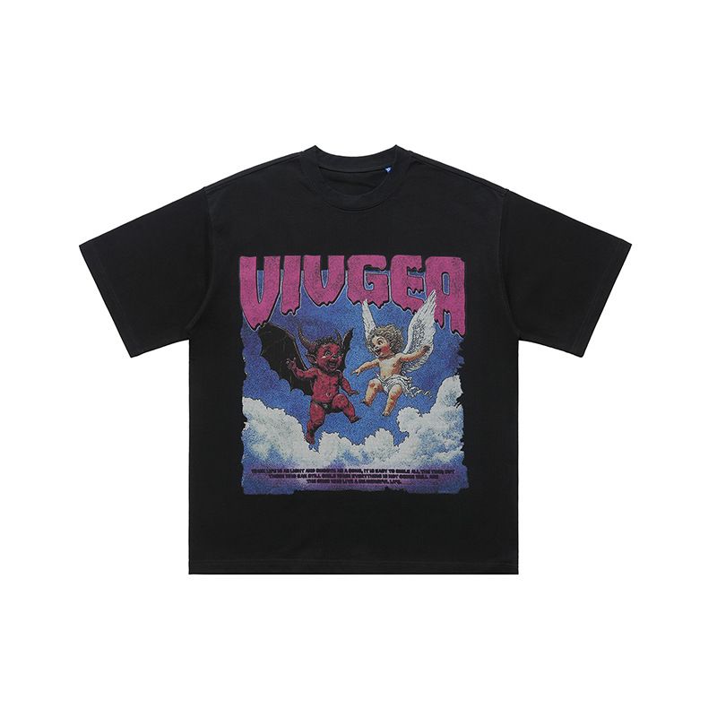 Summer New American Style Trendy Fun Angel Demon Letter Print Loose Short Sleeve T-Shirt Unisex_viptrois.com