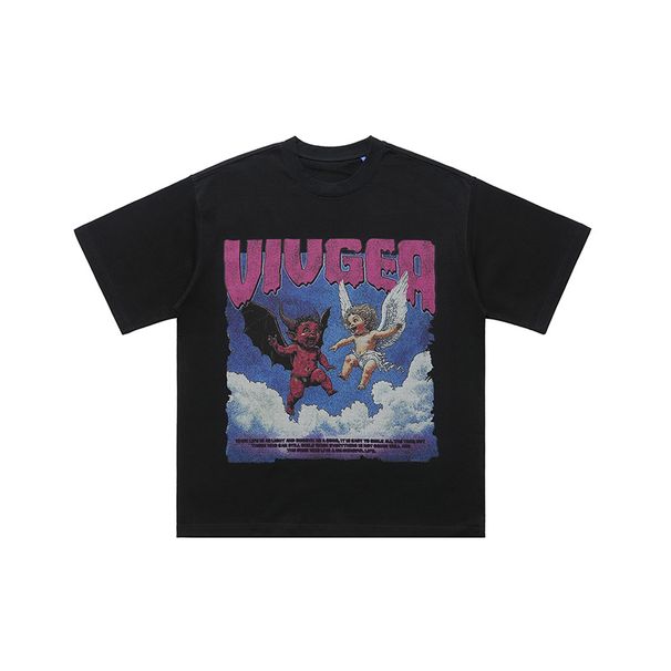 Summer New American Style Trendy Fun Angel Demon Letter Print Loose Short Sleeve T-Shirt Unisex_viptrois.com