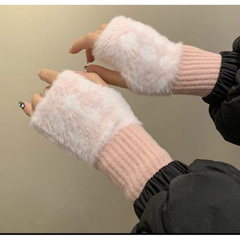 Women Winter Solid Color Knitted Fleece Lined Wrist Protection Fingerless Office Student Writing Cold-Proof Warm Wool_viptrois.com