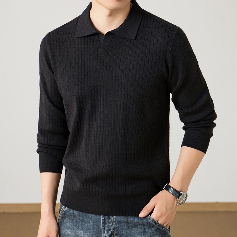Men’s Seagull Collar Knit Sweater – Lightweight Long-Sleeve Pullover With Embroidered Badge (Light Gray, Black, Army Green, Coffee)_viptrois.com