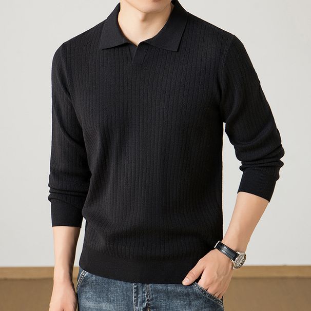 Men’s Seagull Collar Knit Sweater – Lightweight Long-Sleeve Pullover With Embroidered Badge (Light Gray, Black, Army Green, Coffee)_viptrois.com