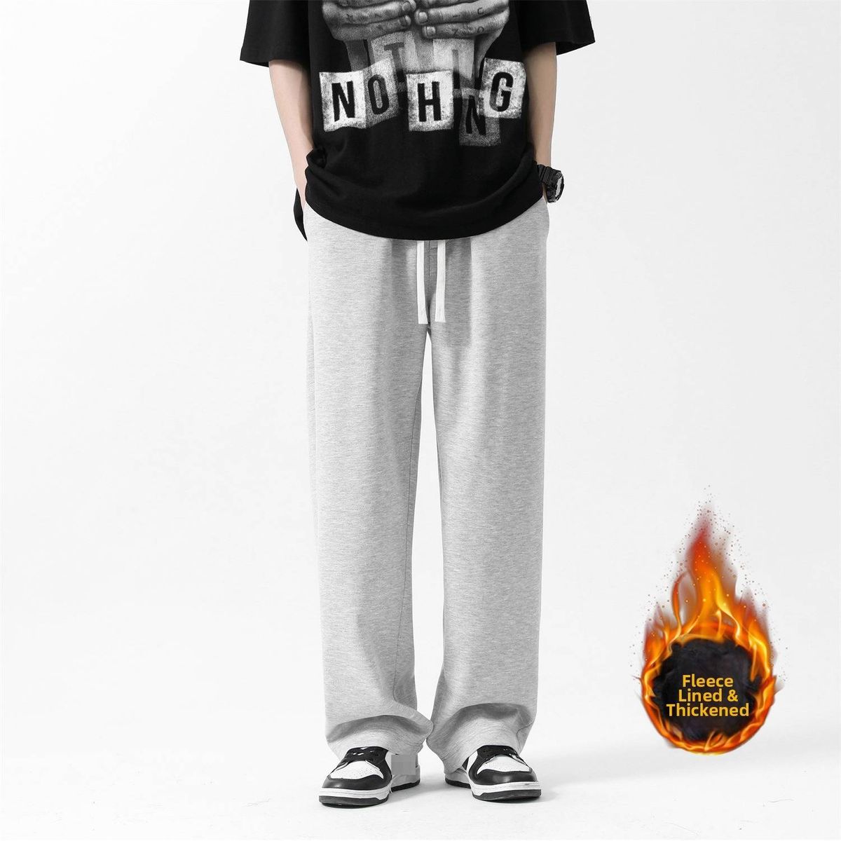 Men's Heavyweight Flowy Casual Trousers Style Winter Trendy Loose Fit Sporty Grey Sweatpants Wide Leg Straight Leg Couple Pants_viptrois.com