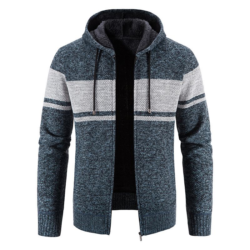 Men’s Fleece-Lined Zip Hoodie – Winter Thermal Knit Sweater With Color-Block Design_viptrois.com