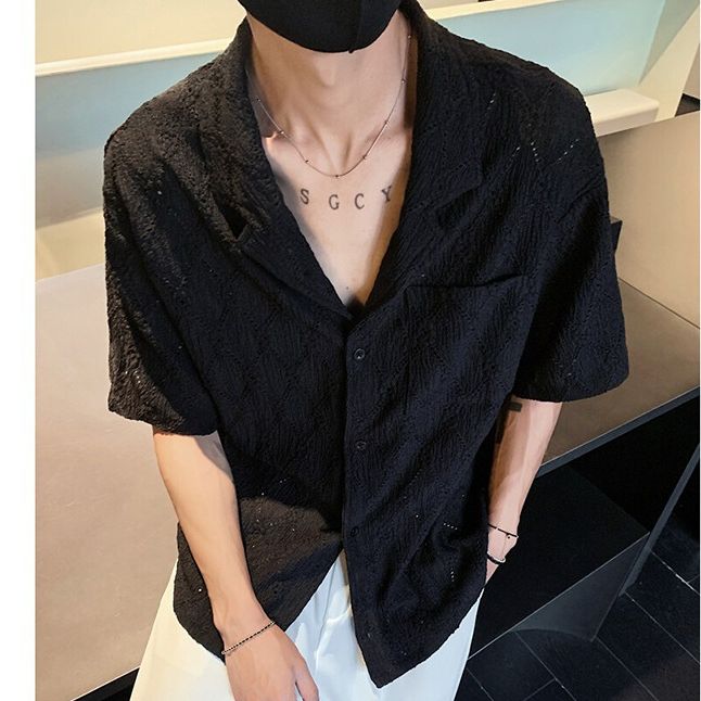 Men's Clothing Summer Fashion Brand Hollow Design Loose Cool Retro Shirt Short Sleeve Men's Collar Half Sleeve Polo Top_viptrois.com