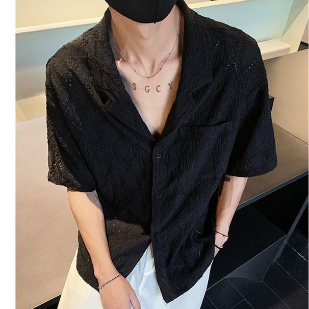 Men's Clothing Summer Fashion Brand Hollow Design Loose Cool Retro Shirt Short Sleeve Men's Collar Half Sleeve Polo Top_viptrois.com
