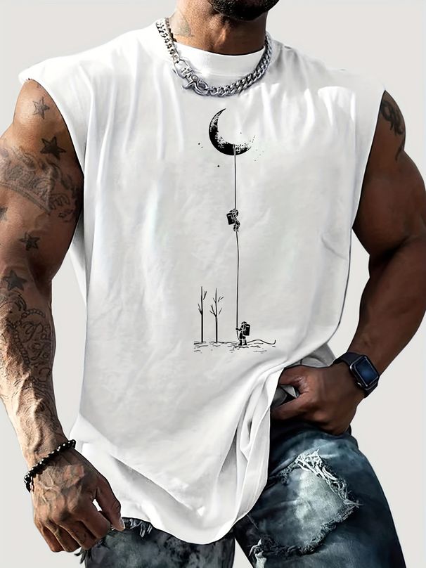 100% Pure Cotton Men's Summer Casual Sports Fitness Loose Fit Astronaut Landing Moon Pattern Printed Breathable Round Neck Sleeveless Vest_viptrois.com