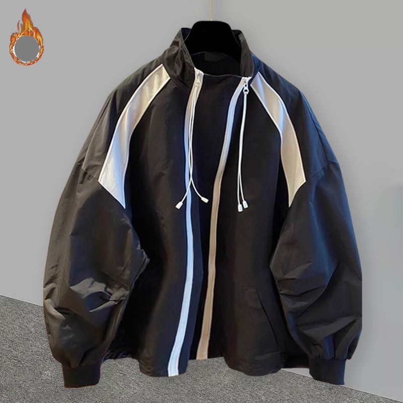 Men's Clothing Contrast Color Stitching Plus Velvet Version Jacket Suit Men Autumn And Winter Double Zipper Niche Design Fashion Trend A Complete Set_viptrois.com