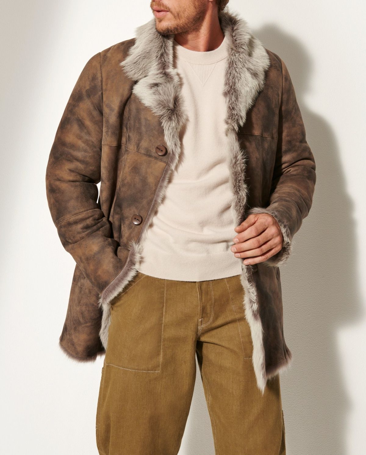 Men's Autumn And Winter Fur And Leather One Piece Two Tone Leather Two Tone Fur Single Breasted Lapel Mid Length Men's Coat_viptrois.com