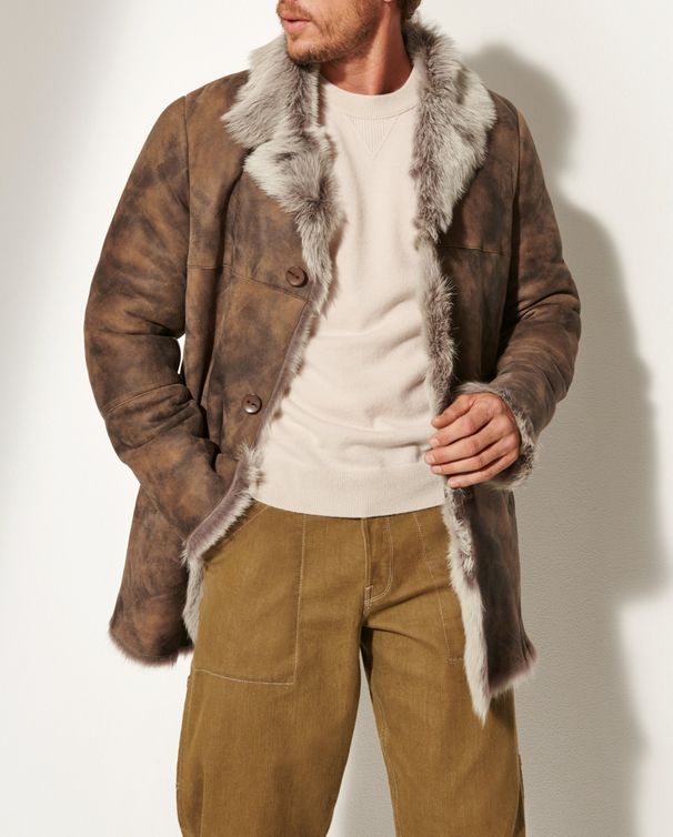Men's Autumn And Winter Fur And Leather One Piece Two Tone Leather Two Tone Fur Single Breasted Lapel Mid Length Men's Coat_viptrois.com