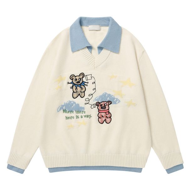 American Style Soft Bear Polo Collar Knitted Sweater Men Women, Loose Lazy Chic Two-Piece Top For Autumn And Winter_viptrois.com