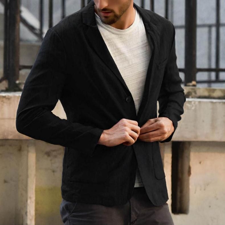 Cotton Linen Slim Blazer For Men Solid Color Long Sleeve Pockets Summer Blazer Coat Thin Male Casual Jacket Business Men Blazers_viptrois.com