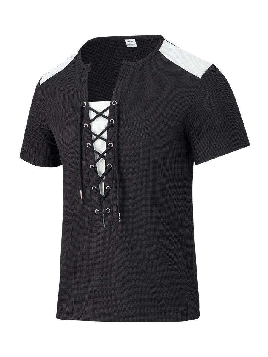 Men's New Summer T-shirt Casual Lace-up Design Waffle Cardigan Loose Short-sleeved Tops_viptrois.com