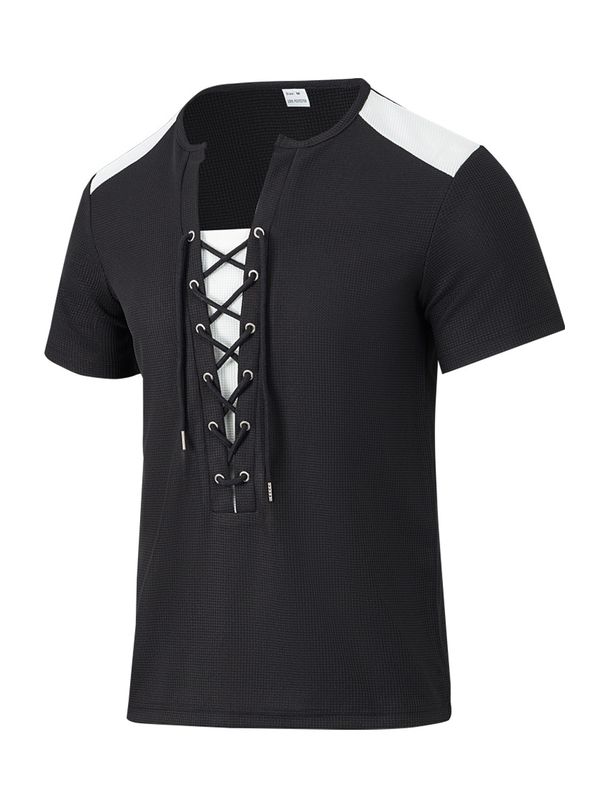 Men's New Summer T-shirt Casual Lace-up Design Waffle Cardigan Loose Short-sleeved Tops_viptrois.com