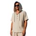 Men's New Linen Hooded Short-sleeved T-shirt Fashion Simple Loose Pullover Henley Shirt Tops_viptrois.com