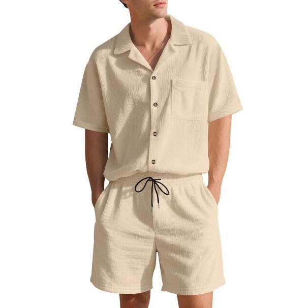 Men's 2 Piece Suit Lapel Cardigan And Shorts Set Summer Vertical Striped Solid Color Short Sleeved American Style_viptrois.com