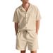 Men's 2 Piece Suit Lapel Cardigan And Shorts Set Summer Vertical Striped Solid Color Short Sleeved American Style_viptrois.com