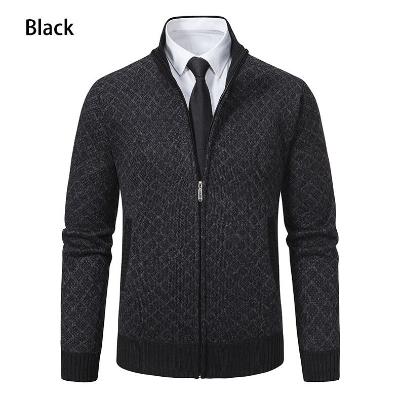 Men's Clothing Fleece-Lined Hooded Zip-Up Sweater Jacket - Winter Warm Knit Pullover With Stand Collar For Casual Outwear (Black, Dark Gray)_viptrois.com
