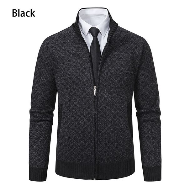 Men's Clothing Fleece-Lined Hooded Zip-Up Sweater Jacket - Winter Warm Knit Pullover With Stand Collar For Casual Outwear (Black, Dark Gray)_viptrois.com