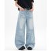 Men's Clothing Blue Straight Jeans Men And Women Spring New Style Cat Whisker Design Loose Wide Leg Casual Long Pants_viptrois.com