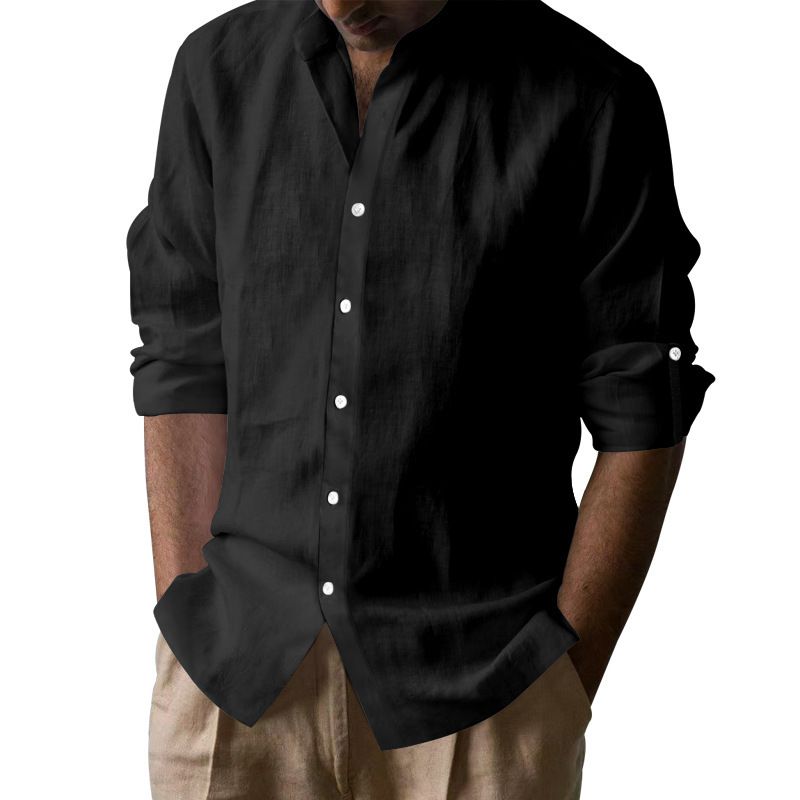 Men's Clothing Shirt Cotton And Linen Long Sleeved Stand Up Collar Breathable Henry Collar Casual New Chinese Style Tops Men_viptrois.com