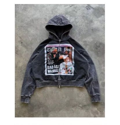 2025BAD Zipper Foreigner Hoodie Cool Internet Celebrity Hooded Cardigan New Printed Top Jacket_viptrois.com