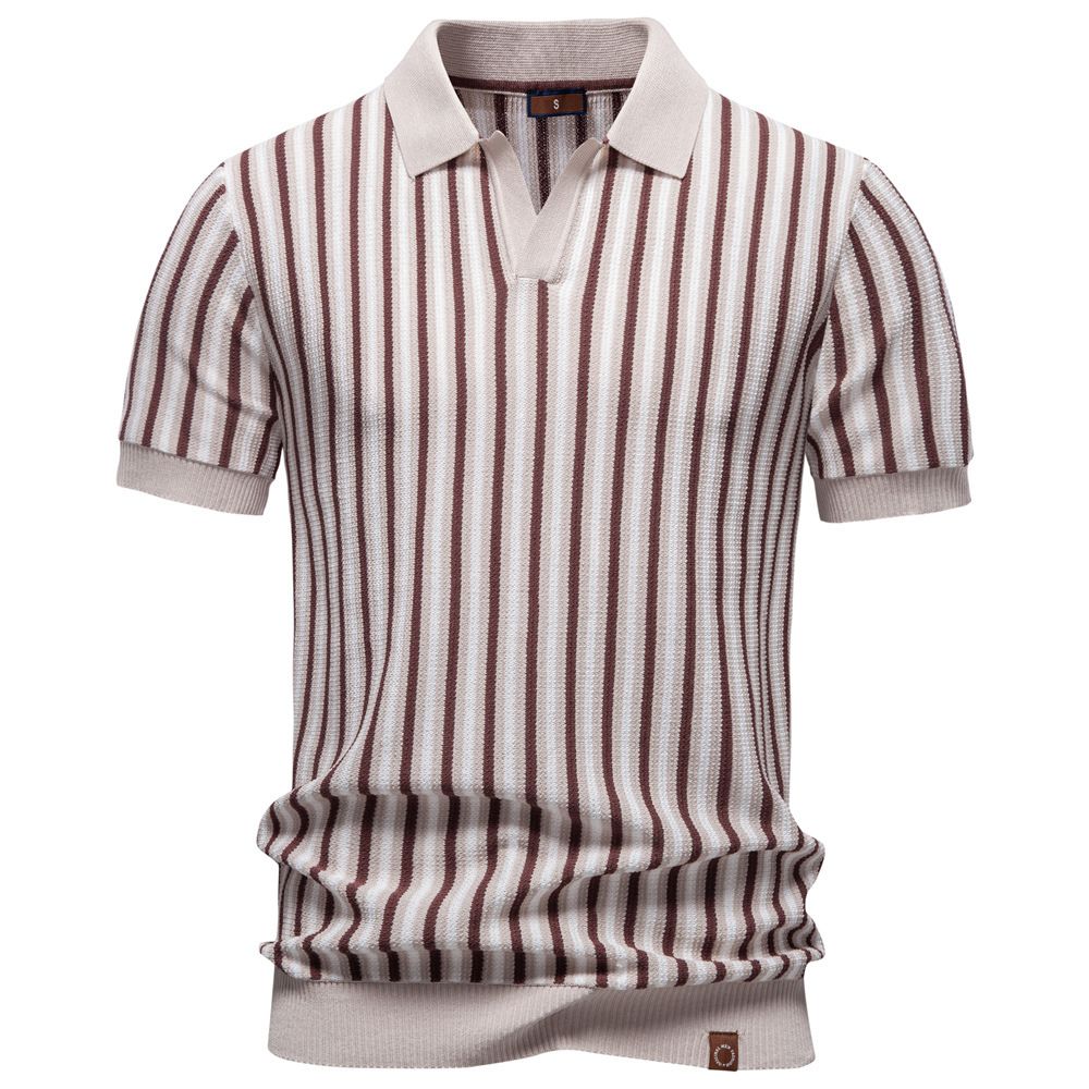 Men's Knit Stripe Polo Shirt, Breathable Moisture-Wicking Short Sleeve Top For Business Casual & Daily Wear_viptrois.com