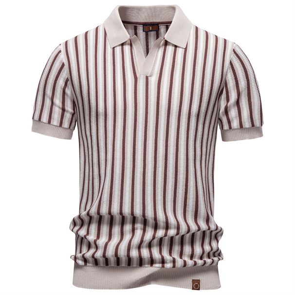 Men's Knit Stripe Polo Shirt, Breathable Moisture-Wicking Short Sleeve Top For Business Casual & Daily Wear_viptrois.com