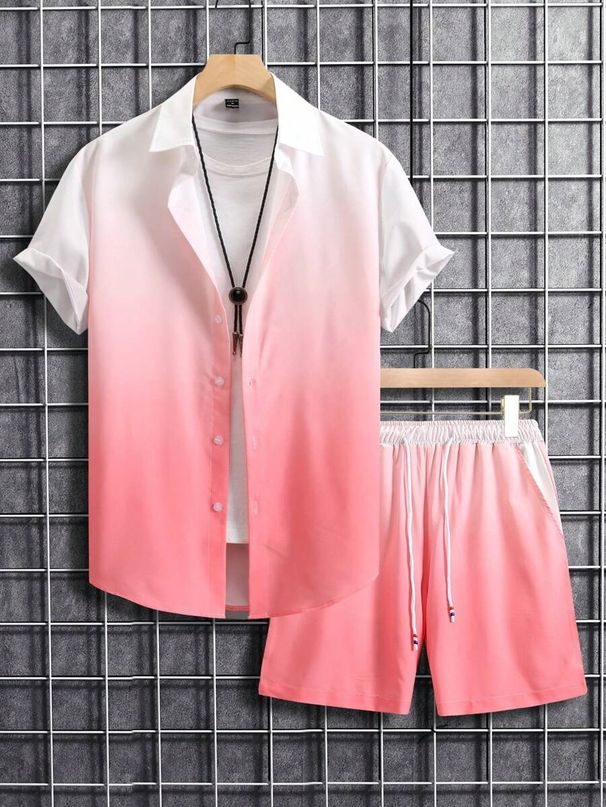 Men's Clothing Gradient Color 3D Printing Spot Summer Vacation Shirt Shorts Set_viptrois.com