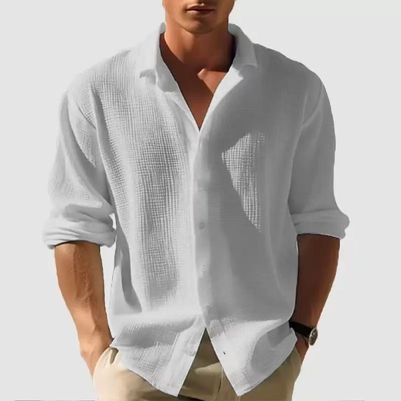 Men's Solid Color Small Waffle Long Sleeve Autumn Single Breasted Fashion Casual Shirt Streetwear Cardigan_viptrois.com