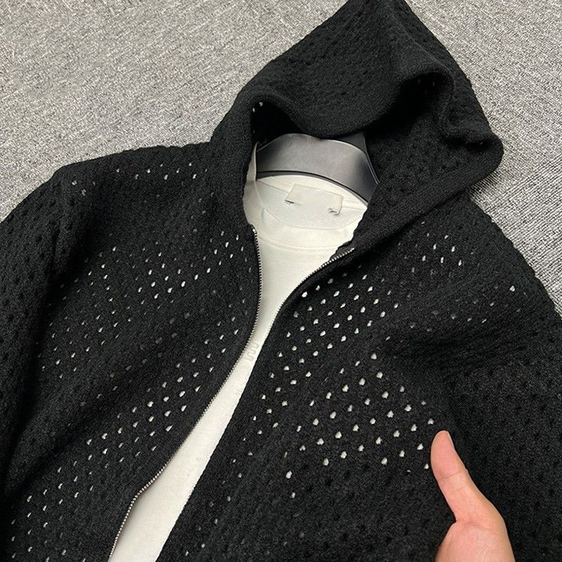 "Unisex Distressed Hooded Sweater – Oversized Mesh Knit Pullover With Grunge Detailing (M-3XL, Black/Navy/Gray)"_viptrois.com