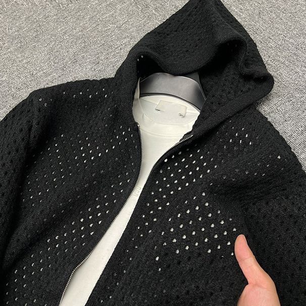 "Unisex Distressed Hooded Sweater – Oversized Mesh Knit Pullover With Grunge Detailing (M-3XL, Black/Navy/Gray)"_viptrois.com