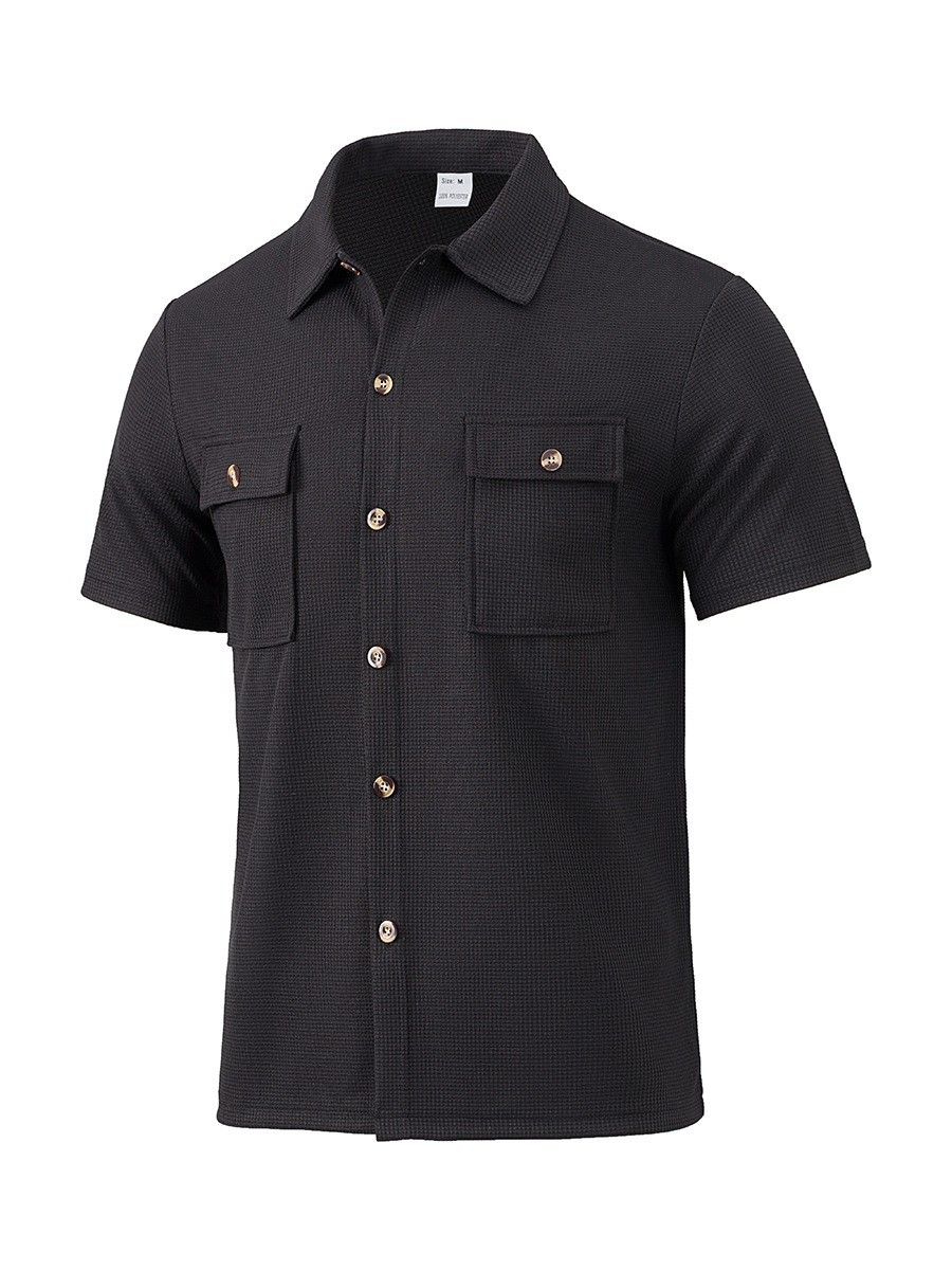 Men's Clothing Waffle Short Sleeved Casual Solid Color Lapel Button Pocket Versatile Shirt_viptrois.com