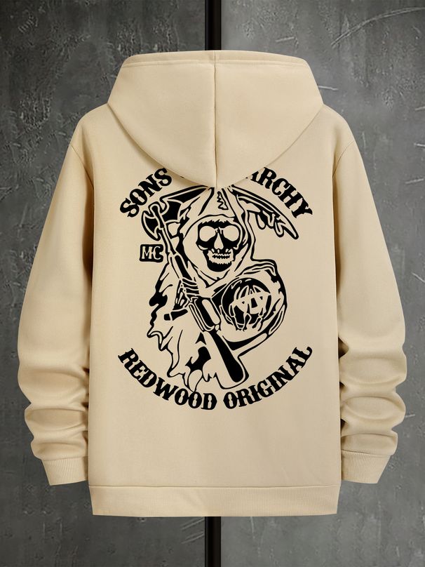 Men's Autumn And Winter Casual Fashion Loose Hooded Sweatshirt With Geometric Skull Design Print Warm Long Sleeved Pullover_viptrois.com