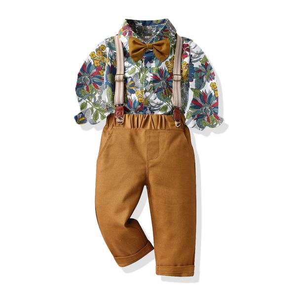 kid's clothing Boys' single-breasted long-sleeved floral shirt and gentlemen's overalls two-piece set_viptrois.com