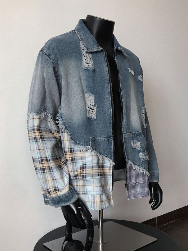 Men's Clothing Retro Inspired Trendy Irregular Plaid Patchwork Ripped Denim Jacket For Men, American Style, Trendy Couple Jacket Top._viptrois.com