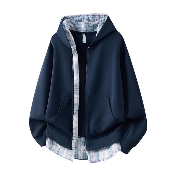 Men's Clothing Cardigan Sweatshirt Fake Two Piece Plaid Autumn New Korean Style Trendy Splicing Double Headed Zipper Hooded Sweatshirt Men's Top_viptrois.com